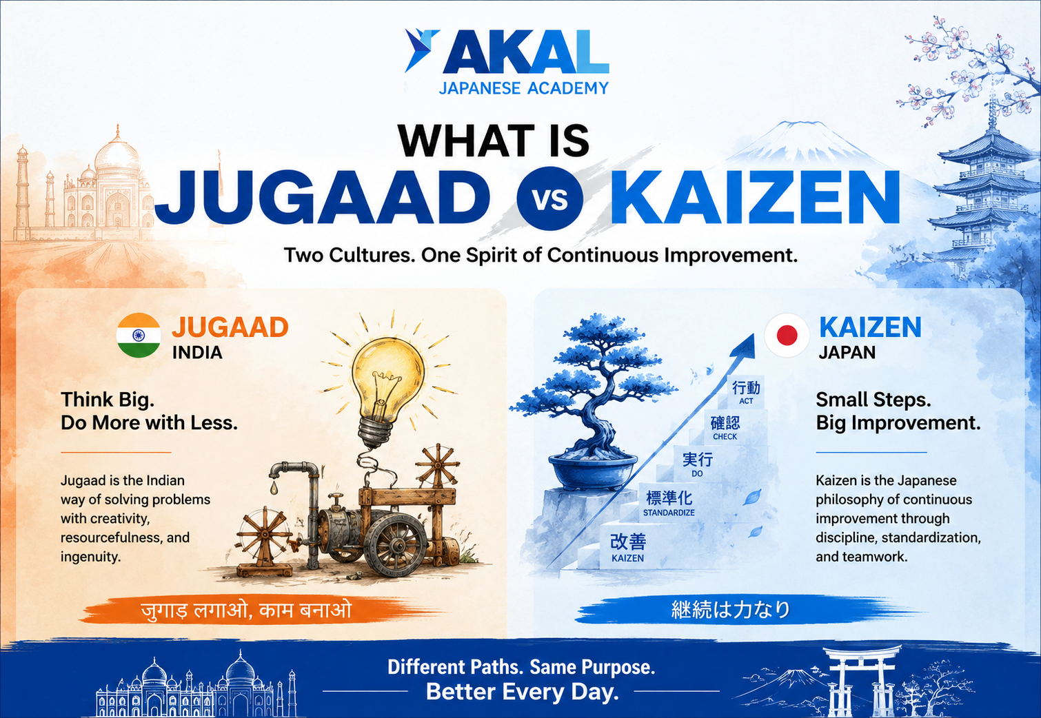 Jugaad vs Kaizen infographic — India's creative problem-solving vs Japan's continuous improvement philosophy.